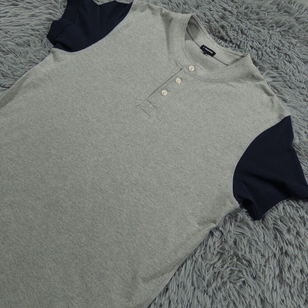 J. Peterman Shirt Large Gray Blue Henley Jersey Button Pullover Mens